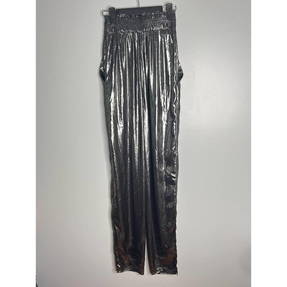 Ronny Kobo Silver Metallic Pleated High Waisted Pull on Alexandra Pants Size S - Picture 8 of 10